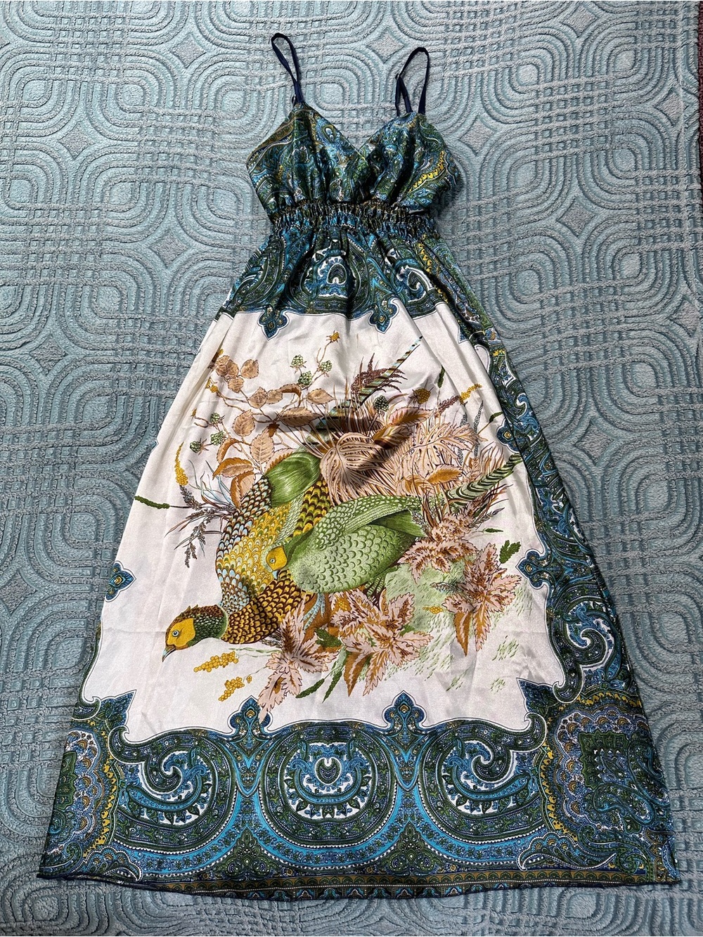 Women’s Green & White Paisley Print Maxi Dress with Peacock Motif